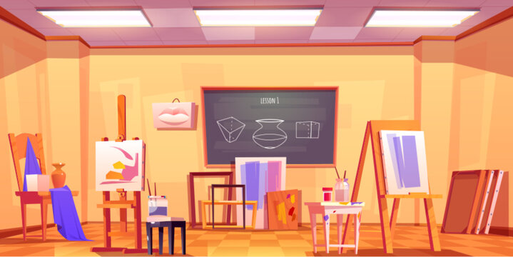 Art classroom interior with furniture and painting equipment. Vector illustration of light school room, drawings on easles, picture on wall, sketches on blackboard. Creative design workshop, education