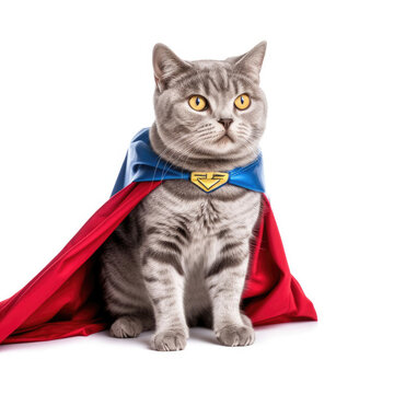 American Shorthair cat (Felis catus) wearing superhero cape, striking heroic pose