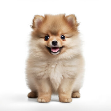 A full body shot of a curious Pomeranian puppy (Canis lupus familiaris)