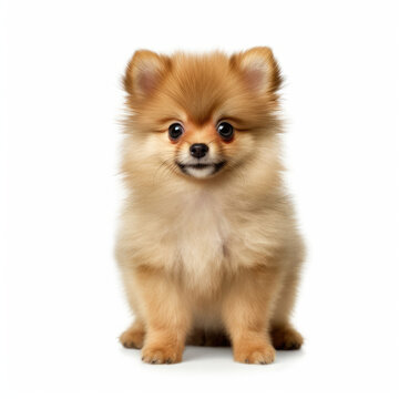 A full body shot of a curious Pomeranian puppy (Canis lupus familiaris)