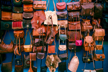 Store leather bags and products on the market in Morocco