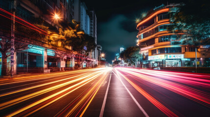 Fototapeta na wymiar Long exposure dynamic speed light trails in an urban environment. Generative AI