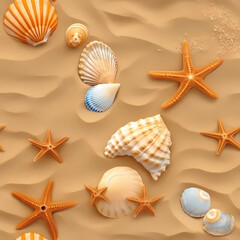 Sea Shells and Starfish on Sand, Seamless Pattern, Generative AI