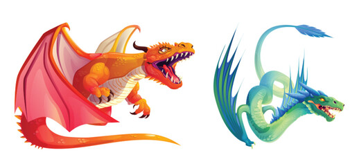 Magic fantasy dragon set for fairy tale game cartoon illustration. Isolated fly monster character clipart asset with wings in red, green and orange. Ancient mythical dinosaur drawing collection