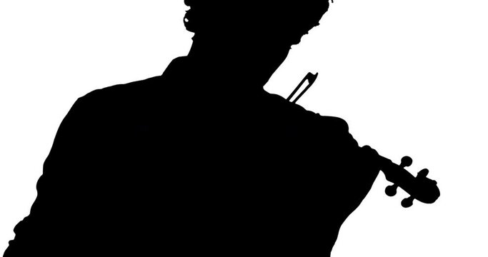 Animation of black silhouette of men playing violin on white background