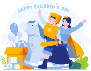 Children's Day concept illustration. Happy cute boy and girl are playing rocking horse as a prince knight and princess fairy tale