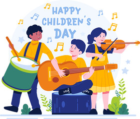 Happy Children's Day concept illustration. Children are playing musical instruments together. cute boys play guitar and drums, and a cute girl plays the violin