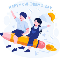 Happy Children's Day. Kids riding a pencil rocket in the sky. Cute boy and girl riding a flying pencil together. Vector illustration in flat style
