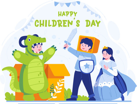 Happy Children's Day. Cute boy and girl playing fairy tale characters. knight, princess, and fictional dragon monster. Play together in the imagination