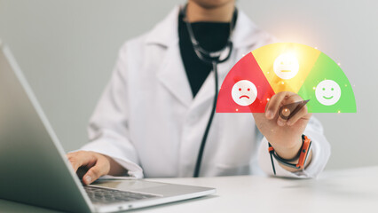 Healthcare and medical concept. Doctor using laptop computer with scale for clients feedback symbol.