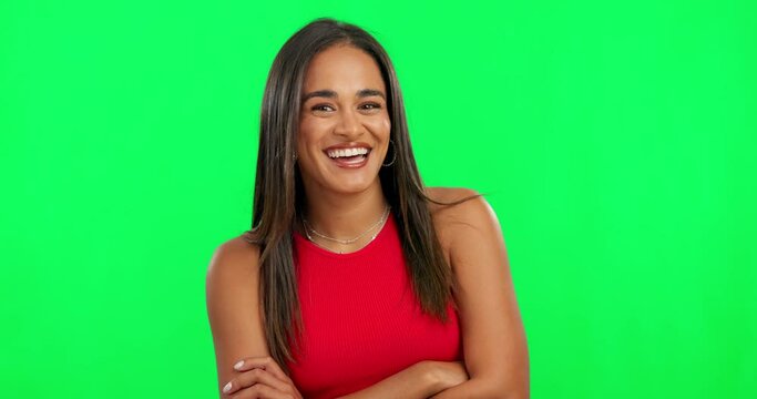 Happy, portrait and woman with arms crossed on green screen with confident, pride or laughing girl and student. Face, smile and laugh on studio background with natural beauty, fashion and happiness