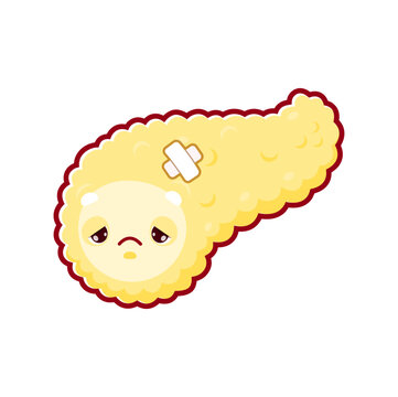 Cartoon sick pancreas organ character. Physiology and health problem, human body disease or digestive system internal organ vector character. Medical diagnosis personage of sad pancreas with patch