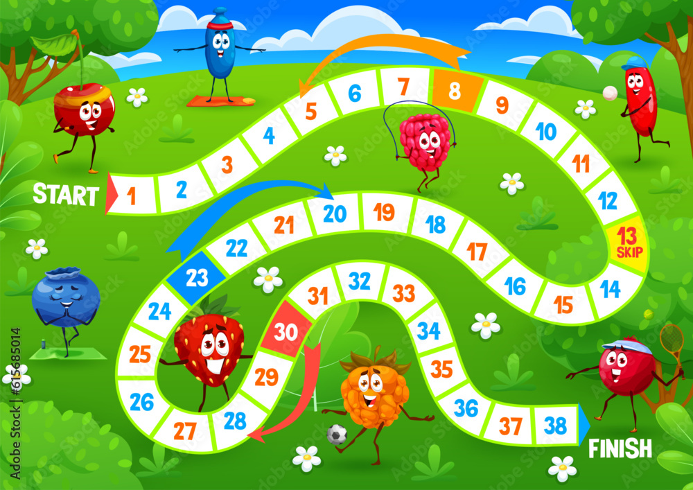 Poster kids board game cartoon cheerful berry characters on summer meadow. vector step boardgame with cherr