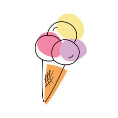 Ice cream in line art illustration. Different flavored ice cream balls in the waffle cone.Modern trendy vector cartoon illustration