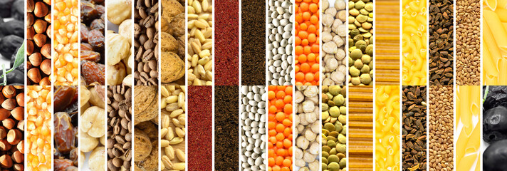 Photo collage of various raw fresh cereals, legumes, spices, website header banner