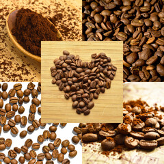 Photo collage of various fresh coffee beans suitable for website header banner, heart shaped coffee