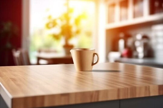 Wooden tabletop on a blurred kitchen counter