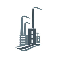 Factory industrial plant, icon, industry building with chimney smoke, vector emblem. Oil gas production plant or refinery pipeline factory, chemical manufacture and metallurgy factory plant icon
