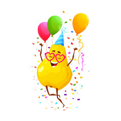 Obraz na płótnie Canvas Cartoon cheerful quince fruit character on birthday party, anniversary holiday celebration. Birthday party, anniversary greeting or holiday happy fruit jumping, dancing with balloons vector personage