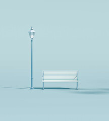 Park bench vintage and street light in plain monochrome pastel blue color. Light background with copy space. 3D rendering for web page, presentation or picture frame backgrounds. 