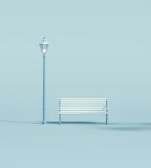 Fotobehang Park bench vintage and street light in plain monochrome pastel blue color. Light background with copy space. 3D rendering for web page, presentation or picture frame backgrounds.  © Hihiland