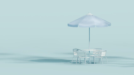 Exterior of outdoor cafe with pastel blue color. The shop has window, table and chairs, coffee street cart. Coffee shop, front of classical style commercial. 3D render for creative social media.
