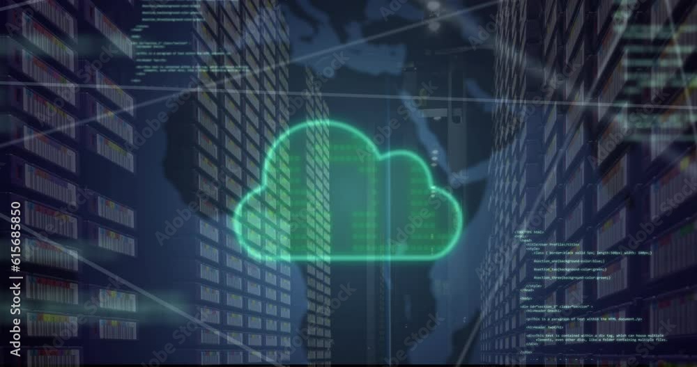 Poster animation of cloud, network of connections, data processing over map of world and server room