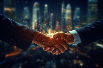 Close up of two businessmen shaking hands against night cityscape background , crypto business handshake on a finance prosperity, ai generative