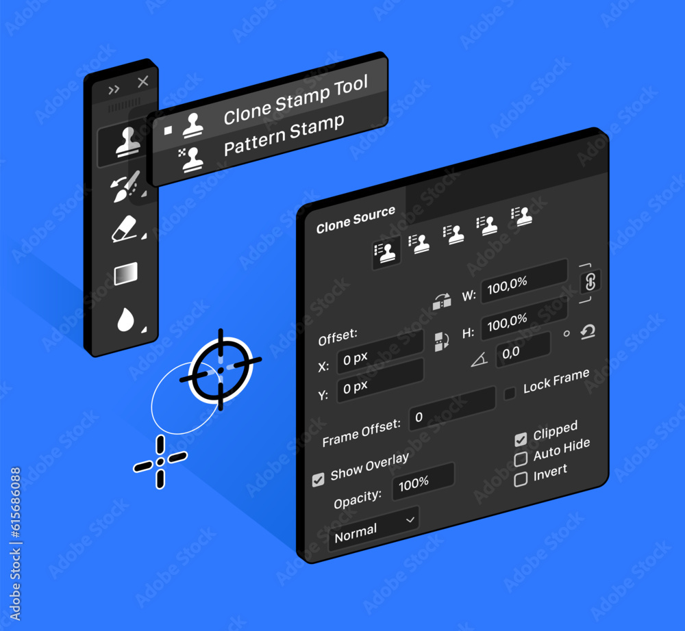 Poster clone stamp tool and pattern stamp in raster graphic editor. isometric vector illustration.