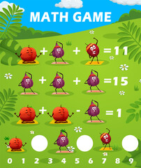 Cartoon funny fruits on yoga, math game worksheet. Vector mathematics riddle for children with funny plums and figs exercising and doing yoga on green filed. Addition and subtraction, learn arithmetic