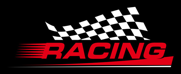 Rally racing sport emblem, finish checkered flag. Speed race, vinyl liner decals typography print, motor transport identity emblem