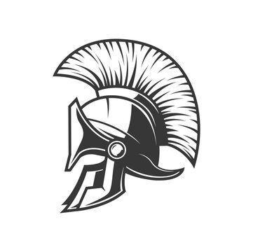Spartan helmet, Roman warrior or Sparta Greek gladiator head armor, vector icon. Trojan soldier knight or centurion gladiator armour mask, medieval warrior face shield with plumage