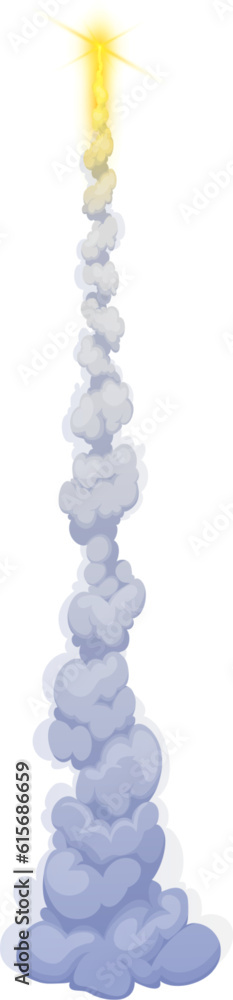 Poster cartoon rocket takeoff smoke trail. spaceship launch trail, shuttle spacecraft or missile takeoff tr