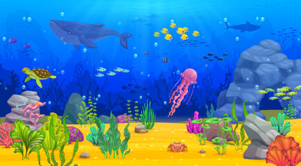Fototapeta na wymiar Cartoon underwater landscape with whale, fish shoal, seaweeds and turtle, vector background. Sea underwater and undersea world of coral reef landscape with jellyfish, shark, tropical fishes and shells