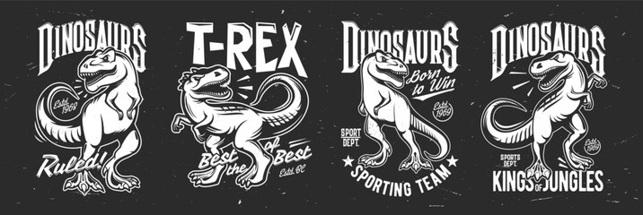 Tyrannosaurus rex, T-rex dinosaur t-shirt print, tattoo or sport club dino mascot, vector badge. Basketball, baseball or soccer sport emblems of T-rex tyrannosaurus for college club and league team