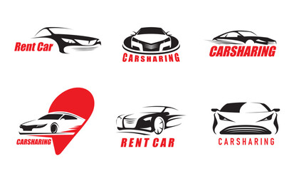 Car rent and sharing service icons. Premium or luxury class automobile renting, transportation service vector symbol, carsharing driver and taxi carpool icon with car silhouette, location pin
