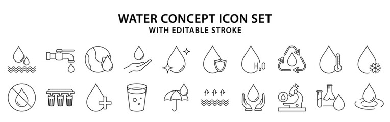 Vector set of water icons. Water drops icon set. set of water icons ,such as water drop, treatment, sewage, recycle, fresh, save. vector illustration. editable stroke.