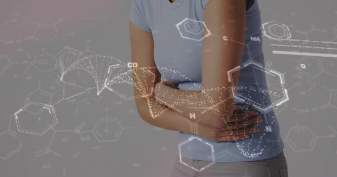 Animation of dna strand with data processing over midsection of biracial woman holding belly