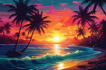 tropical beach at sunset with palm tree - obrazy, fototapety, plakaty