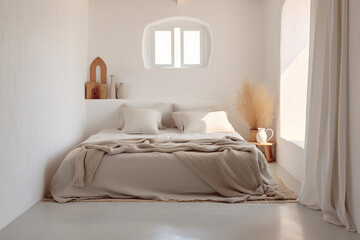 Fototapeta na wymiar Bedroom in Mediterranean style with minimalist staging and clean colors. Home decoration concept. Generative AI