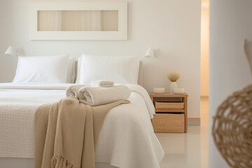 Bedroom in Mediterranean style with minimalist staging and clean colors. Home decoration concept. Generative AI