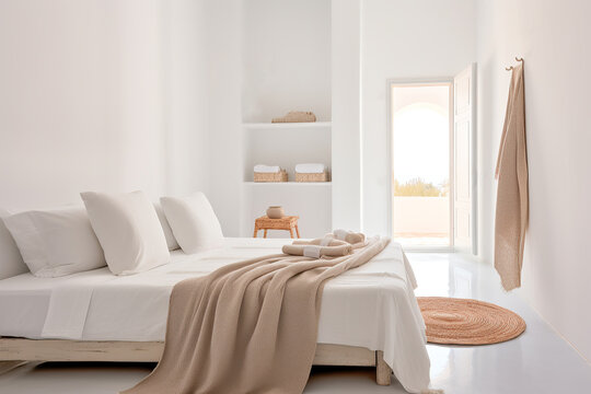 Bedroom in Mediterranean style with minimalist staging and clean colors. Home decoration concept. Generative AI