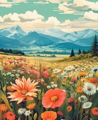 Fototapeta premium Beautiful summer landscape with wildflowers and mountains. Vector illustration.