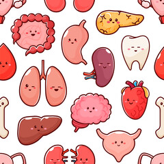 Cartoon body organ characters seamless pattern, vector background. Funny anatomy pattern with happy human organs and bones, heart and brain with kidney or liver, gallbladder and pancreas background