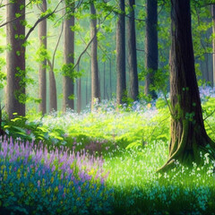 Beautiful sunny summer morning in magic forest. Forest in the morning in the sun, trees in a haze of light, glowing fog among the trees.