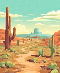 Desert landscape with mountains and cactuses. Vector illustration.