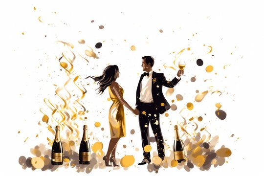 Couple Popping Champagne Bottles With Gold Confetti And Balloons. Isolated On A White Background