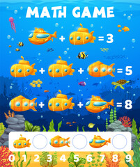 Math game worksheet, cartoon yellow submarine bathyscaphe, vector mathematics quiz for kids. Sea underwater boat or undersea submarine for calculation and counting skills in education worksheet