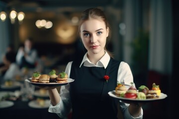 Waitress with a tray of appetizers in a restaurant or hotel, Generative AI