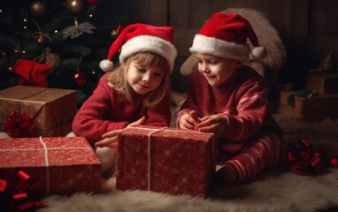 Fototapeta na wymiar Two cute little children, boy and girl, opening Christmas gifts at home, Generative AI